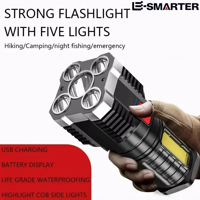 5LED High Power Led Flashlights Rechargeable Camping Spotlight with Side Light 3 Lighting Modes for Camping Adventure Outdoor