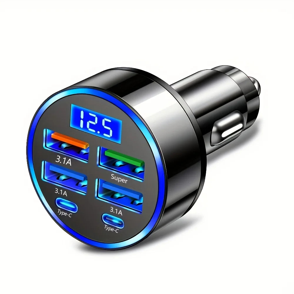 6-in-1 USB Car Charger Digital Voltage Display