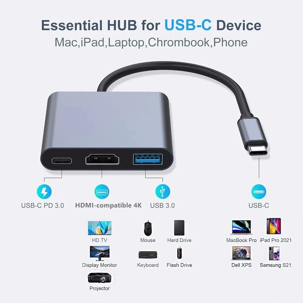 3-in-1 USB-C Hub with HDMI 4K, USB 3.0 & USB-C Charging