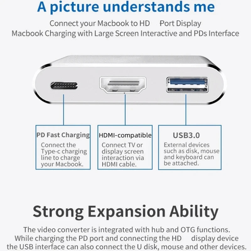 3-in-1 USB-C Hub with HDMI 4K, USB 3.0 & USB-C Charging