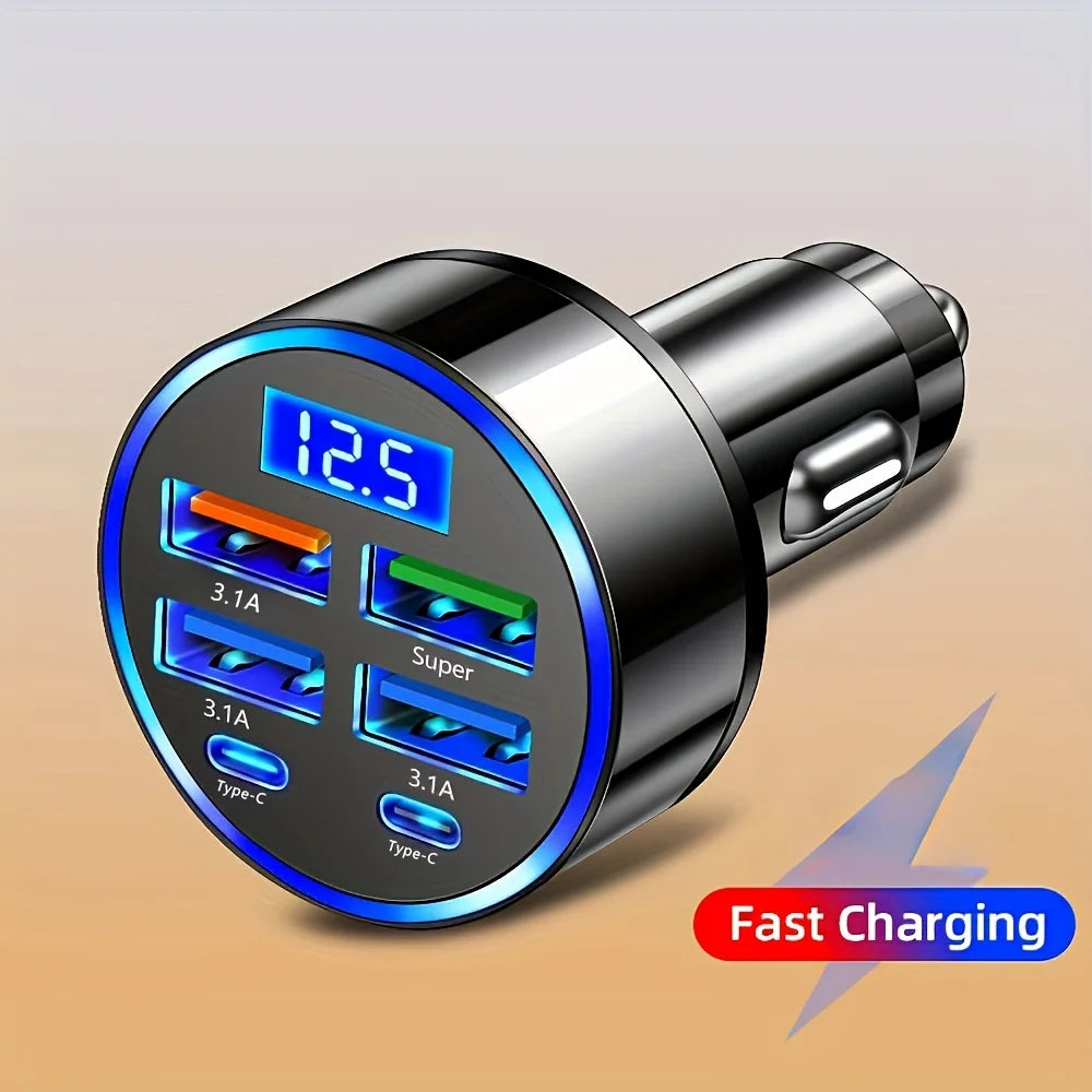 6-in-1 USB Car Charger Digital Voltage Display