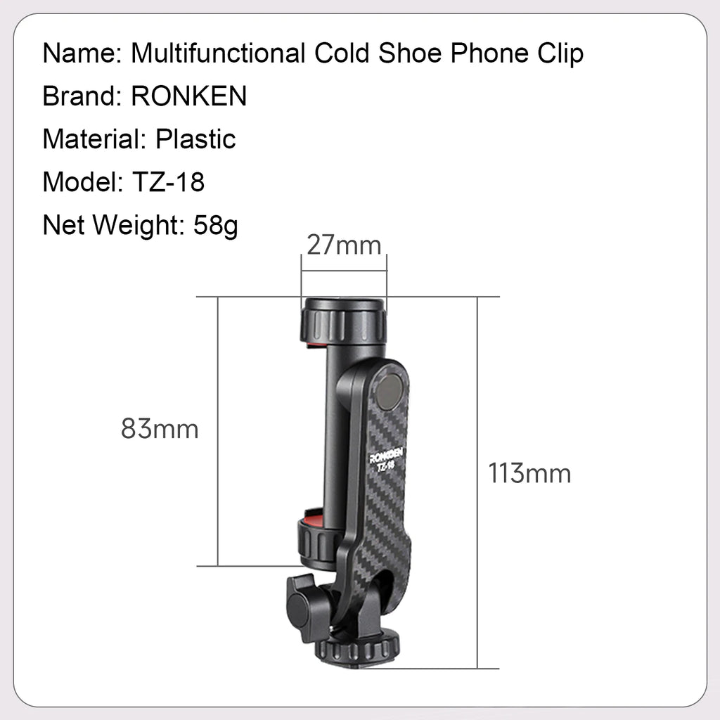 Ronkoen TZ-18 For Samsung iPhone Xiaomi Cellphone Universal 360° Mobile Phone Clip Holder for 1/4 Screw Tripod Mount Adapter