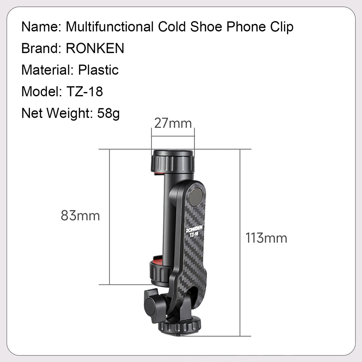 Ronkoen TZ-18 For Samsung iPhone Xiaomi Cellphone Universal 360° Mobile Phone Clip Holder for 1/4 Screw Tripod Mount Adapter