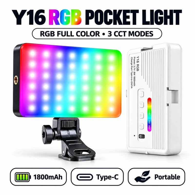 Y16 RGB LED Video Light Portable Pocket Fill Light 3 Color Temperatures for Selfie Vlog Photography Live Streaming