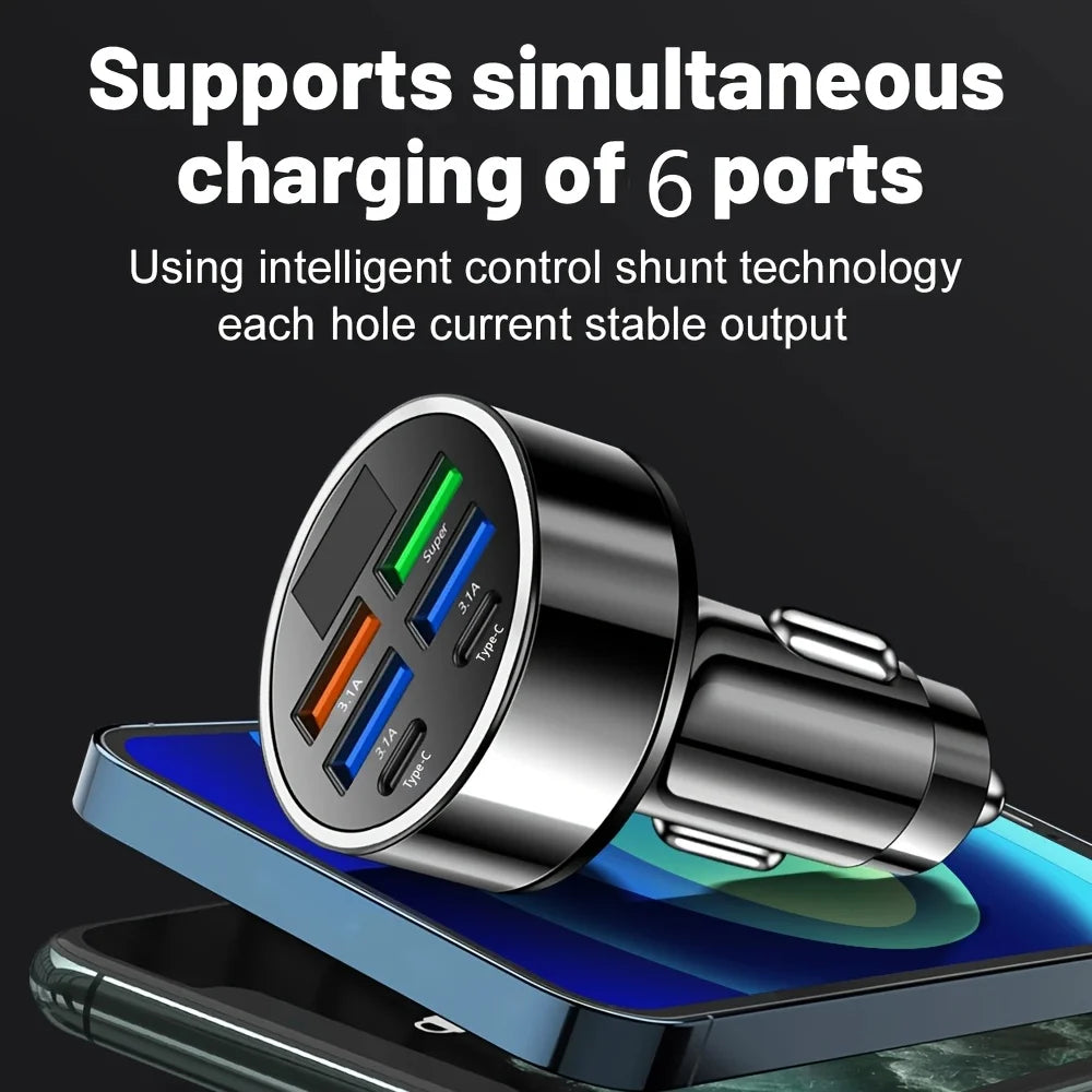 6-in-1 USB Car Charger Digital Voltage Display